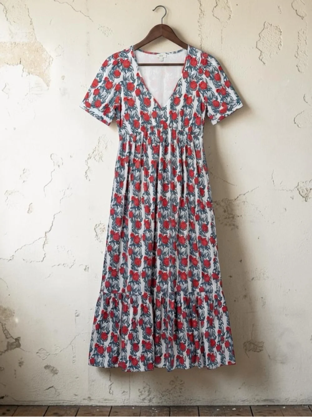 J.Crew Floral Cotton Maxi Dress Red Blue Tie Waist XS